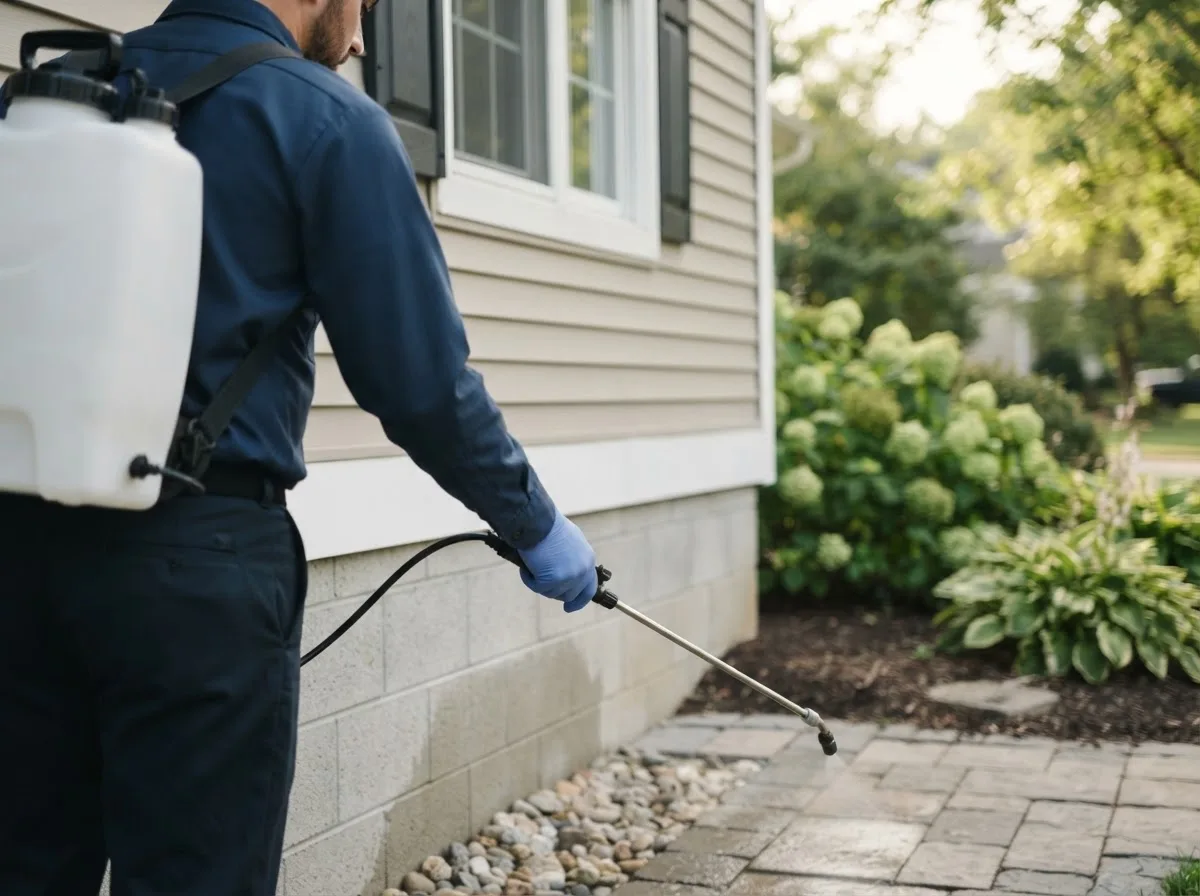 Pest control technician inspecting a home in Schulter, OK